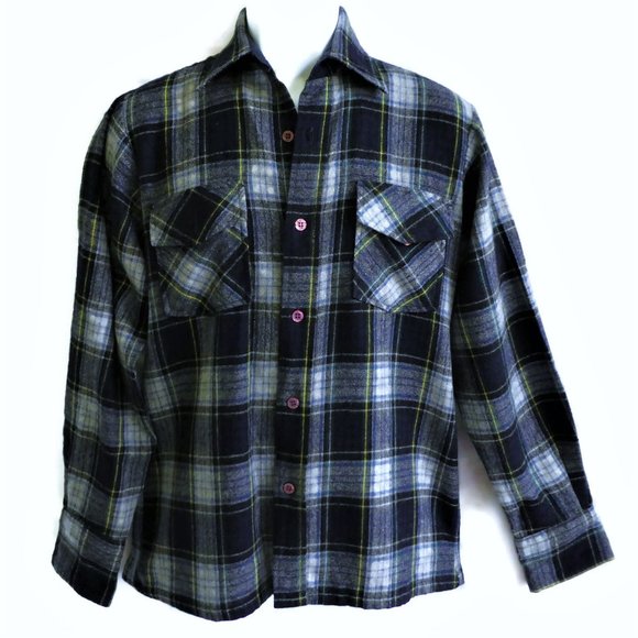 Vintage Other - Vintage 70s Blue Plaid Flannel Shirt Wool Acrylic Nylon Purple Iridescent Button